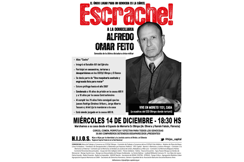 Vuelven los escraches: HIJOS marchará a la casa del represor Feito