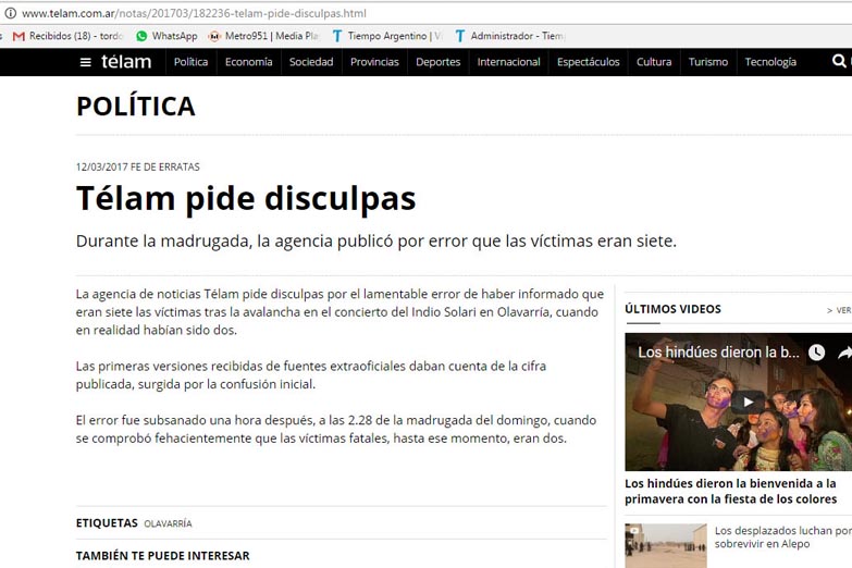 Télam no envió periodistas a Olavarría y tuvo que pedir disculpas por inventar muertes