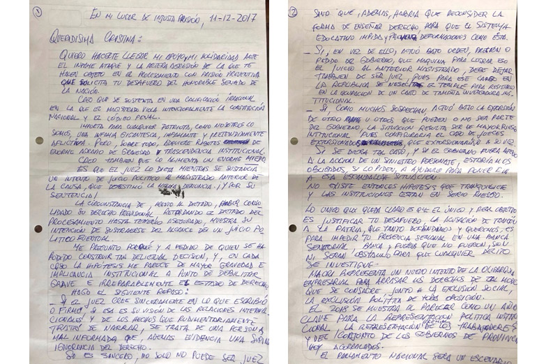 Zannini le envió una carta a CFK desde la cárcel