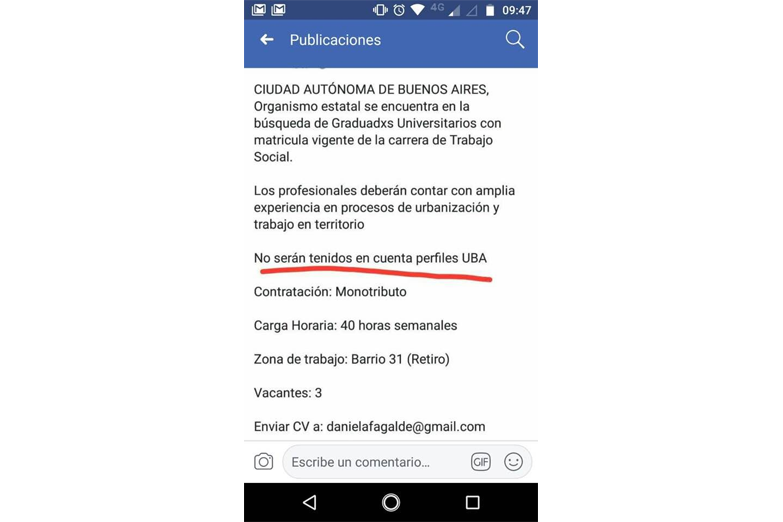 Rechazo del gobierno porteño a trabajadores sociales de la UBA en convocatoria laboral