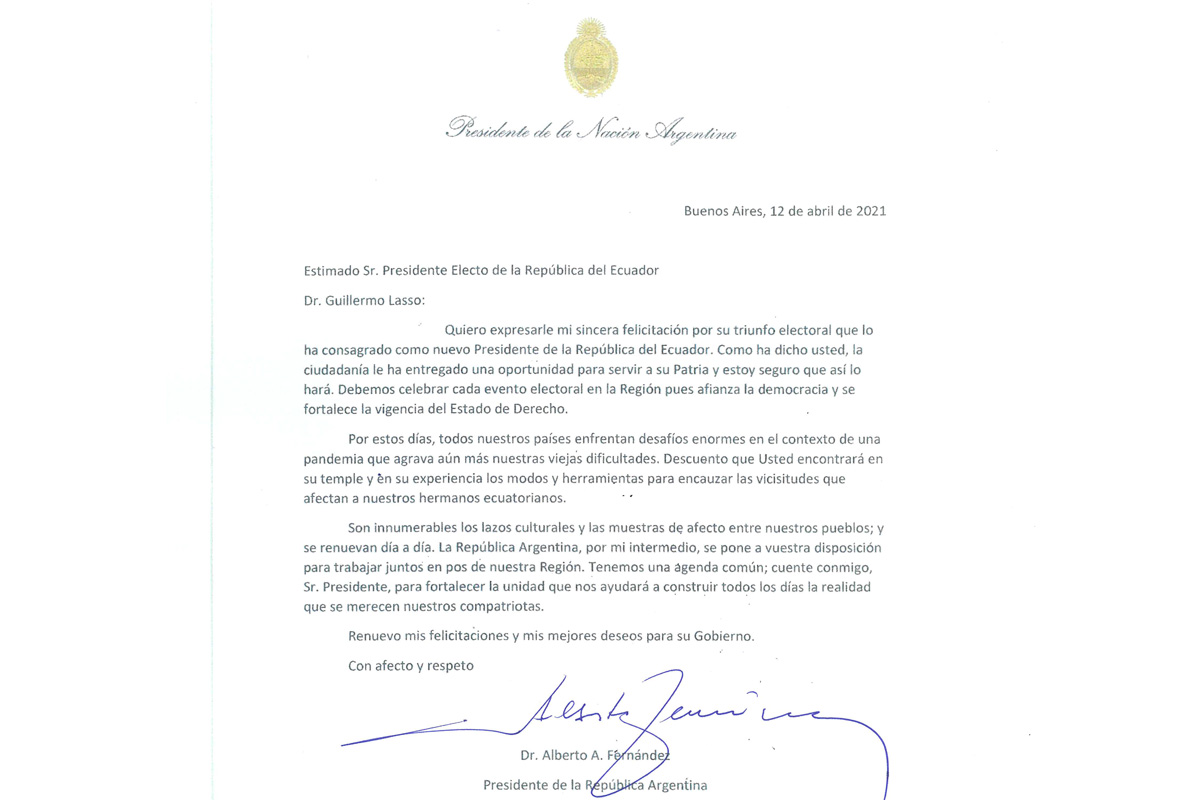 Alberto Fernández saludó a Guillermo Lasso como presidente electo de Ecuador