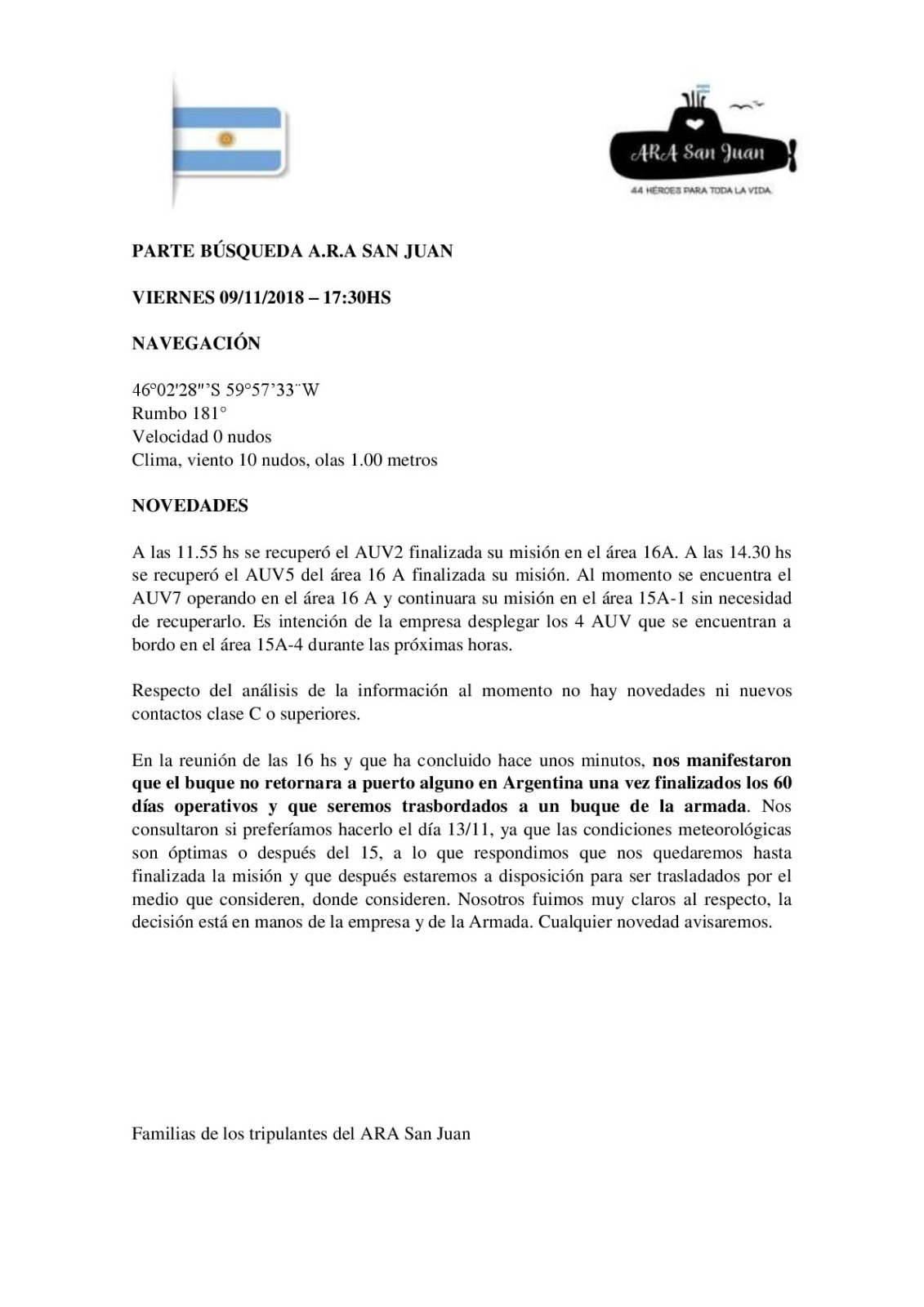 Familiares del submarino ARA San Juan: «Pedimos que no permitan la retirada del buque»