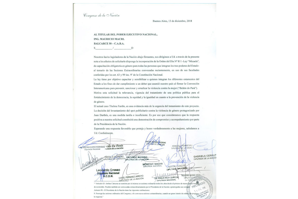 Violencia de género: diputados exigen al presidente tratar la “Ley Micaela”