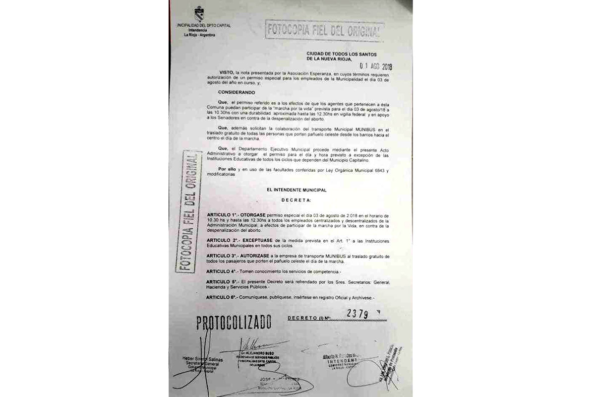El intendente de La Rioja decretó asueto para quienes asistan a la marcha «pro vida»