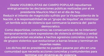 Deportistas repudian las declaraciones de Macri sobre el ataque a Cristina
