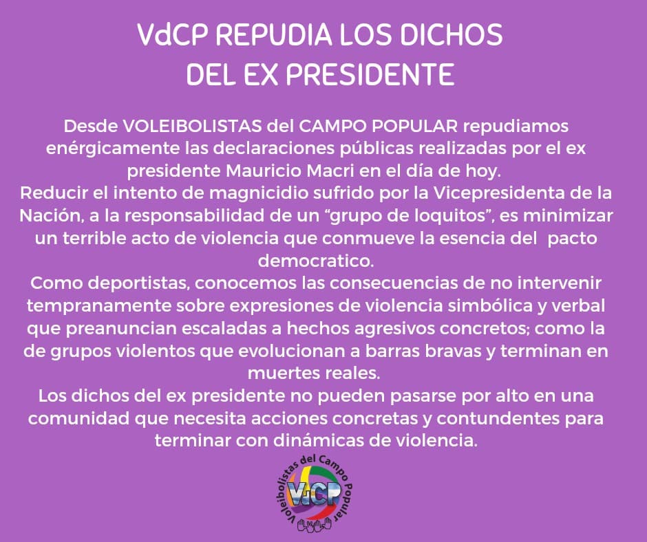 Deportistas repudian las declaraciones de Macri sobre el ataque a Cristina