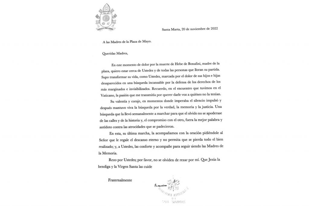 El papa Francisco envió una carta a las Madres tras la muerte de Bonafini 1 Papa Francisco
