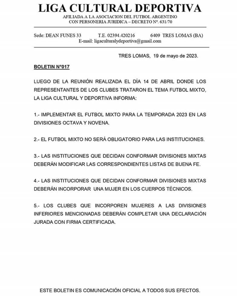 El triunfo de Argi ya es oficial: el fútbol mixto fue aprobado en su liga local 2 El triunfo de Argi ya es oficial: el fútbol mixto fue aprobado en su liga local