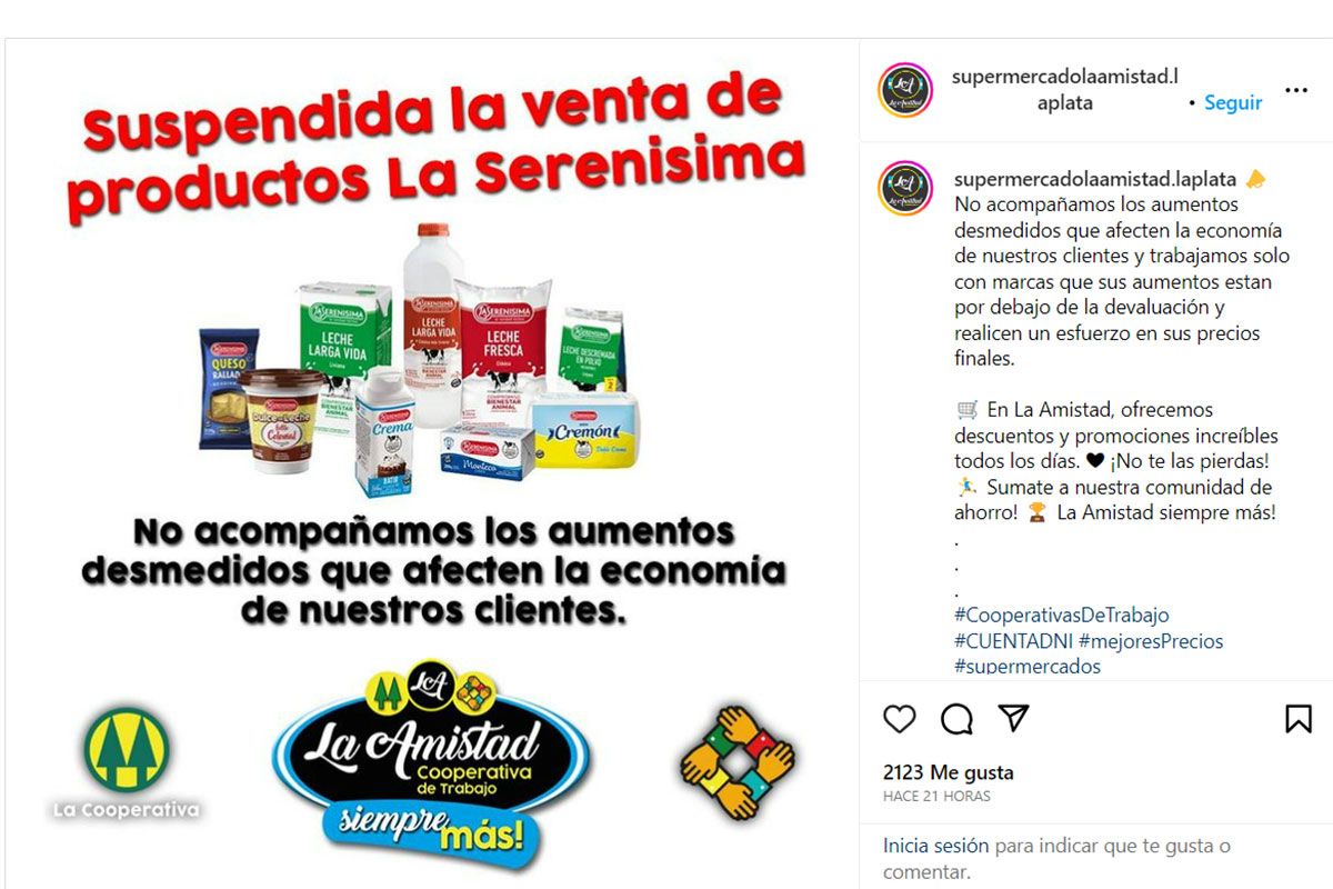 Un supermercado de La Plata avisó a sus clientes que ya no comprarán productos de La Serenísima debido a sus «aumentos excesivos»