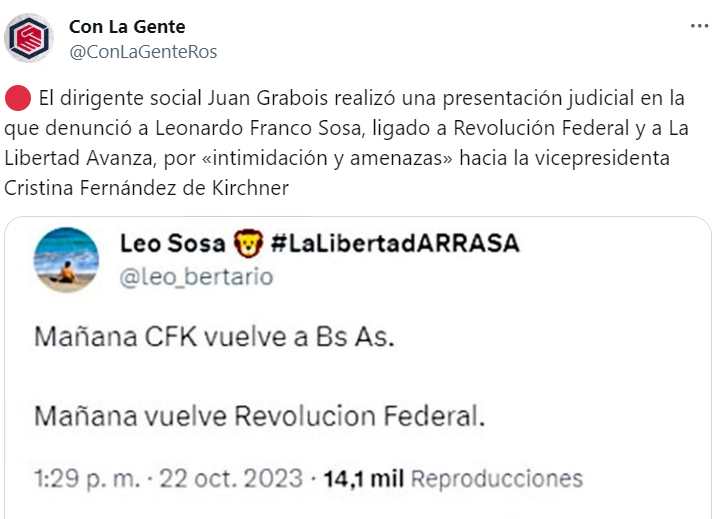 Revolución Federal vuelve a amenazar a CFK y tuitea que llevará a Milei a la Rosada "por las buenas o por las malas" 1 Revolución Federal vuelve a amenazar a CFK y tuitea que llevará a Milei a la Rosada "por las buenas o por las malas"
