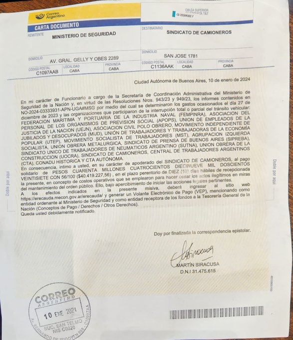 Bullrich manda cartas documento a sindicatos y reclama millones por la marcha del 27D