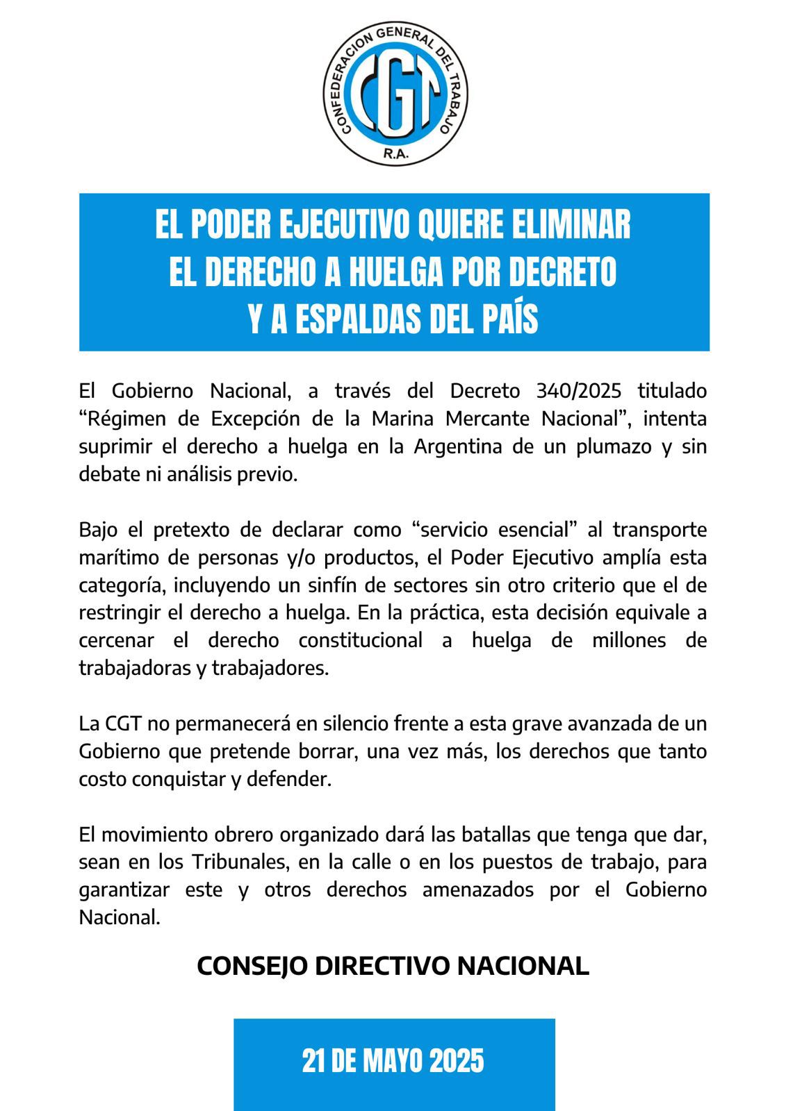 Unánime repudio sindical al decreto que elimina el derecho a huelga