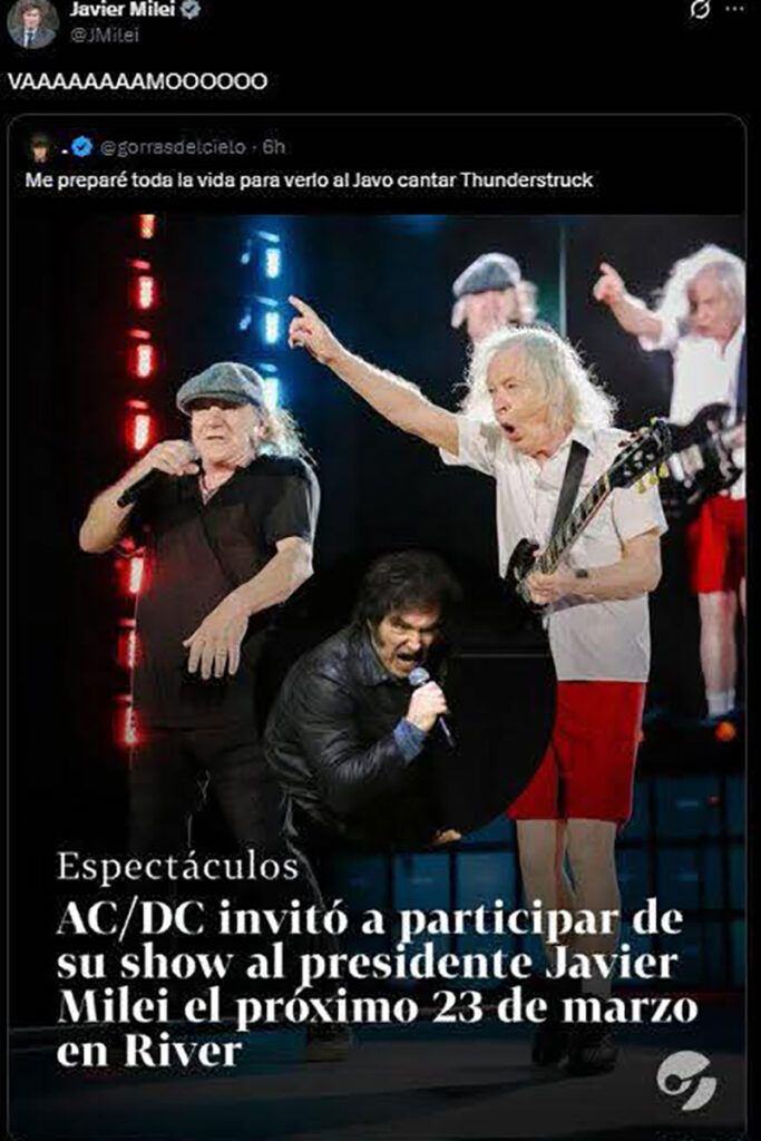 Milei creyó que AC/DC lo invitaba a tocar en River y festejó en sus redes 2 Milei creyó que AC/DC lo invitaba a tocar en River y festejó en sus redes