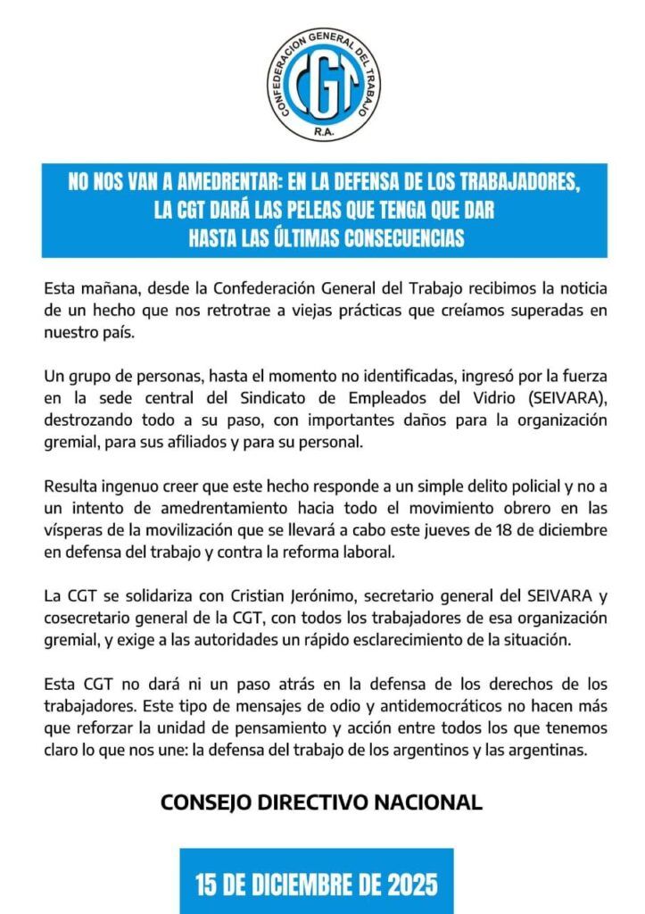 Gravísimo atentado a Cristian Jerónimo, uno de los secretarios generales de la CGT
