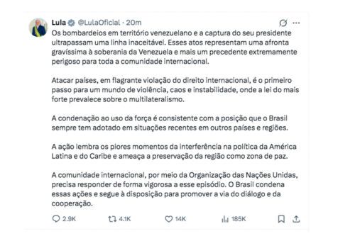 Contundente condena de Lula: el ataque de EE UU contra Venezuela “traspasó una línea inaceptable”
