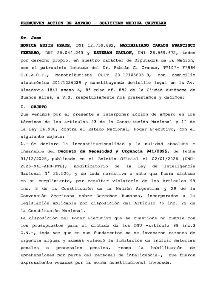 Diputados de la Coalición Cívica y Encuentro Federal presentaron un amparo para frenar a la “nueva SIDE”