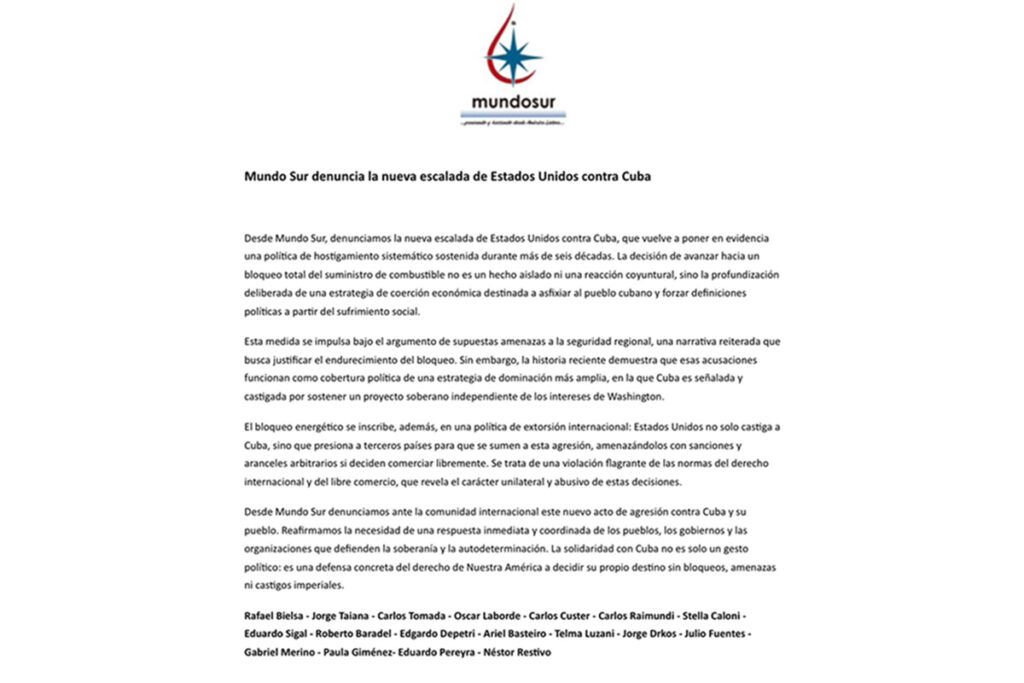 Mundo Sur denunció la nueva escalada de Estados Unidos contra Cuba