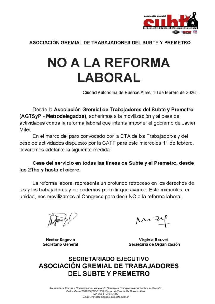 Los metrodelegados confirmaron el paro y no habrá subtes a partir de las 21 hs del miércoles en CABA
