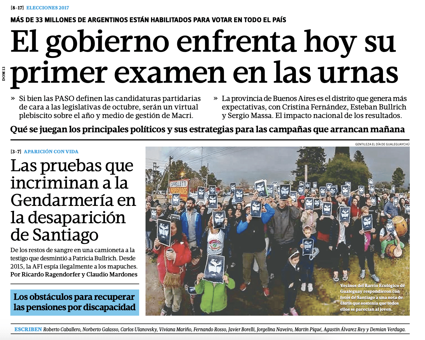Tapa de Tiempo Argentino del 13 de agosto de 2017 — ¿Dónde está Santiago Maldonado?