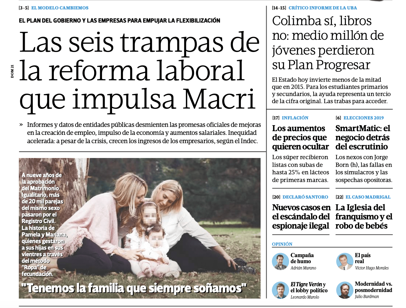 Tapa de Tiempo Argentino sobre la reforma laboral de Macri — flexibilización y pérdida de empleo