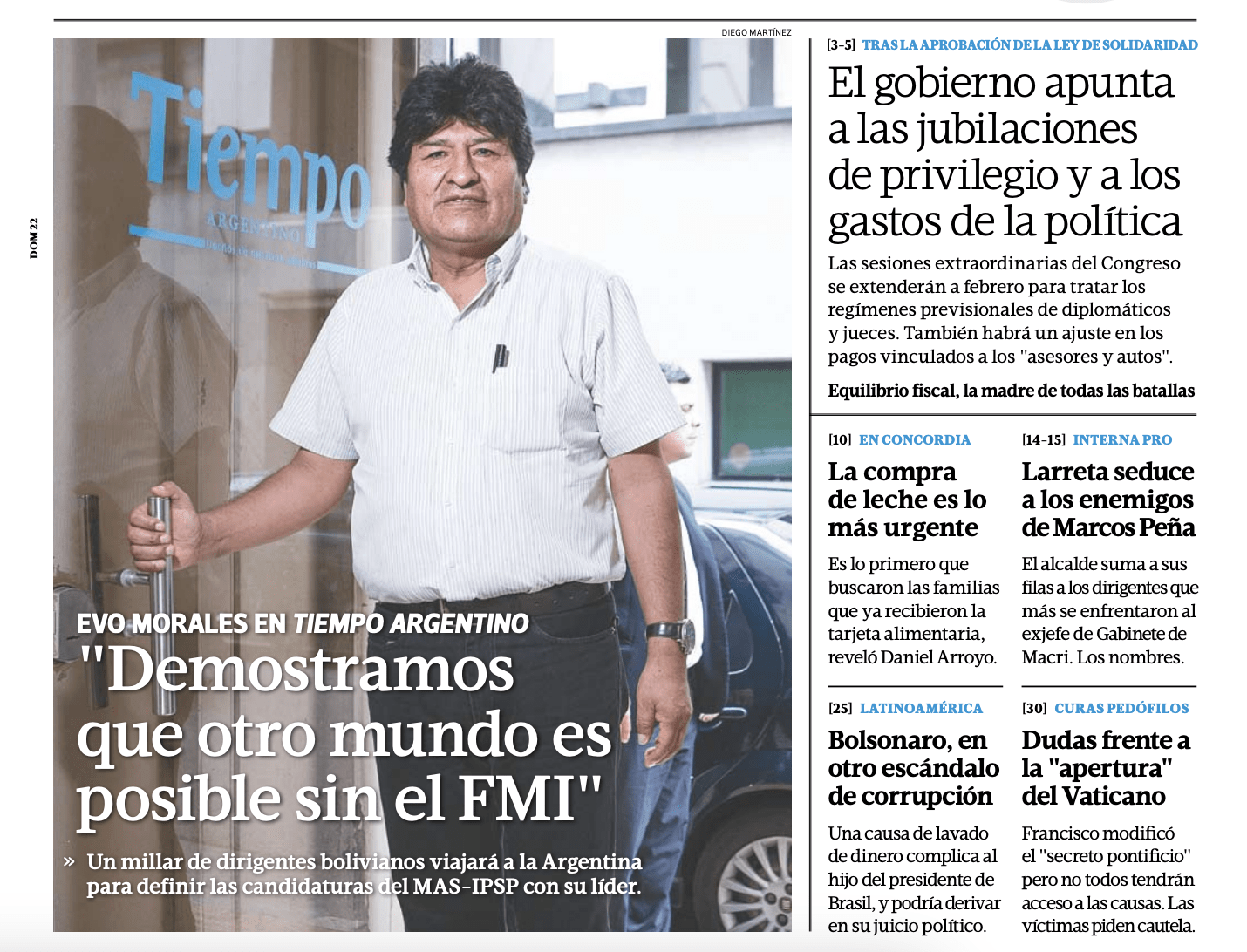 Tapa de Tiempo Argentino del 19 de diciembre de 2019 — Evo Morales visita la redacción de Tiempo