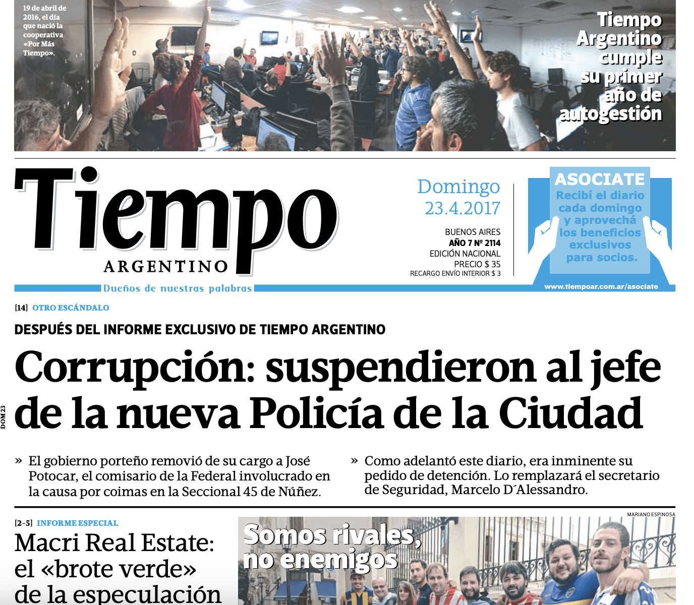 Tapa de Tiempo Argentino del 23 de abril de 2017 — denuncia de corrupción contra Potocar