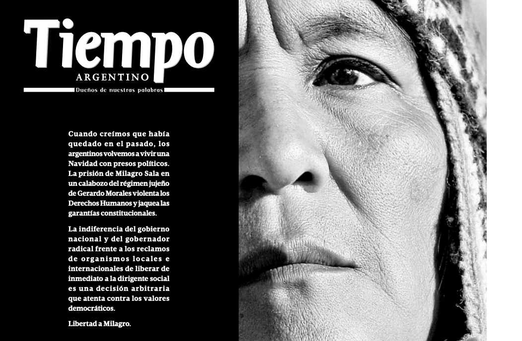 Tapa de Tiempo Argentino del 24 de diciembre de 2016 — denuncia por la detención de Milagro Sala