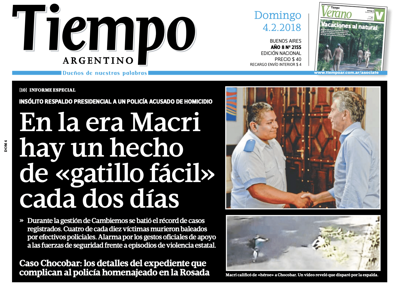 Tapa de Tiempo Argentino del 4 de febrero de 2018 — informe sobre gatillo fácil y el caso Chocobar