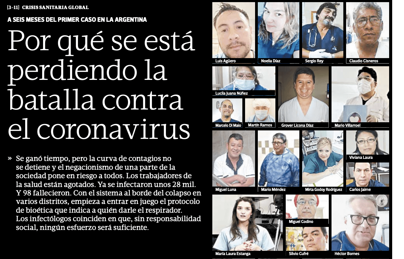 Tapa de Tiempo Argentino — homenaje a trabajadores de la salud a seis meses del primer caso de Covid-19