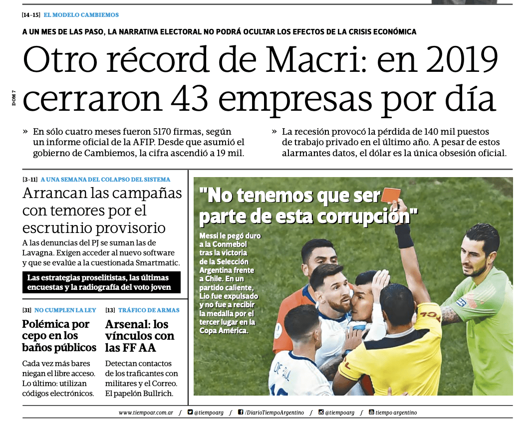 Tapa de Tiempo Argentino del 7 de julio de 2019 — récord de cierre de empresas bajo el gobierno de Macri