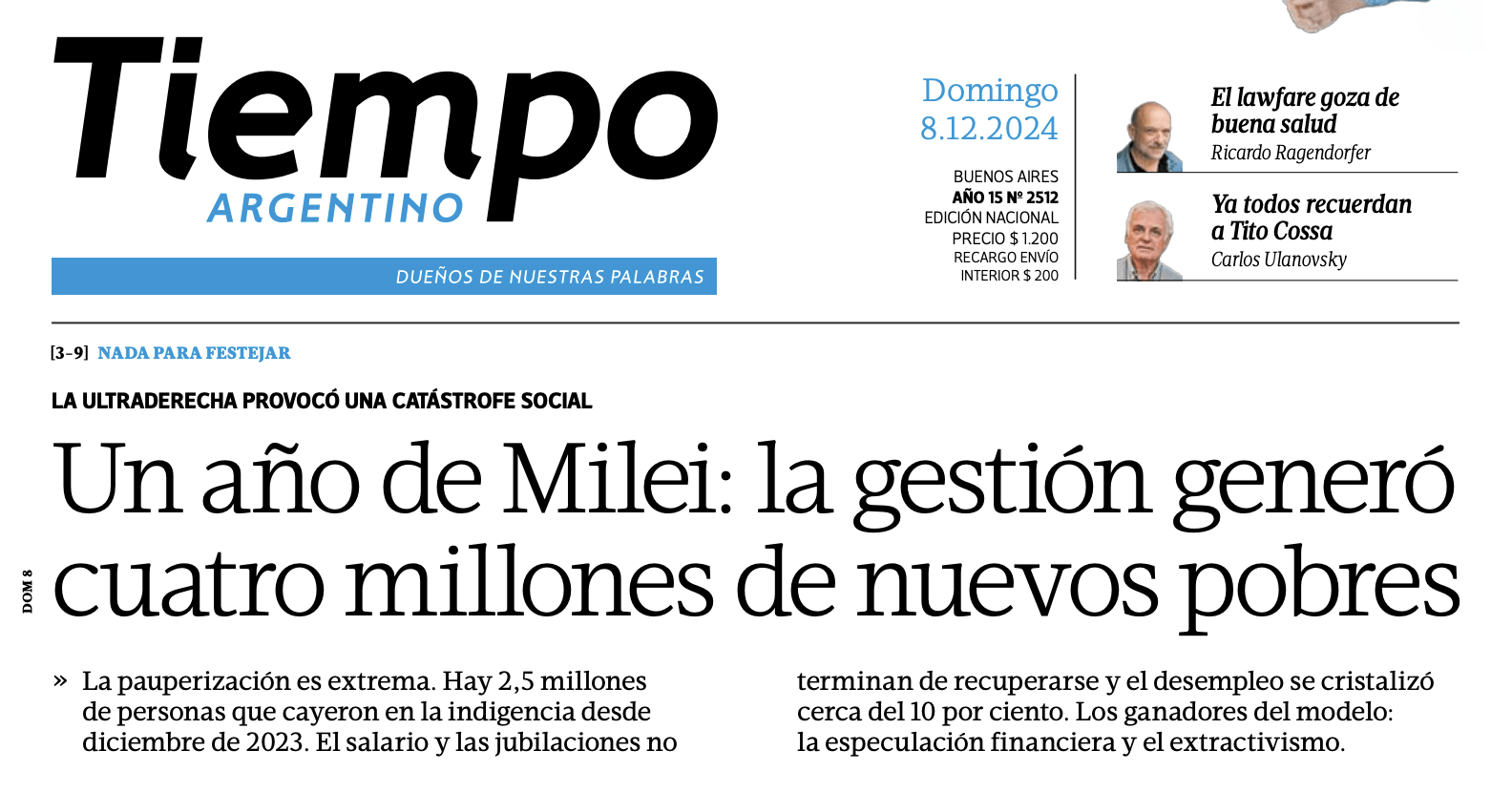 Tapa de Tiempo Argentino del 8 de diciembre de 2024 — un año de Milei generó cuatro millones de pobres
