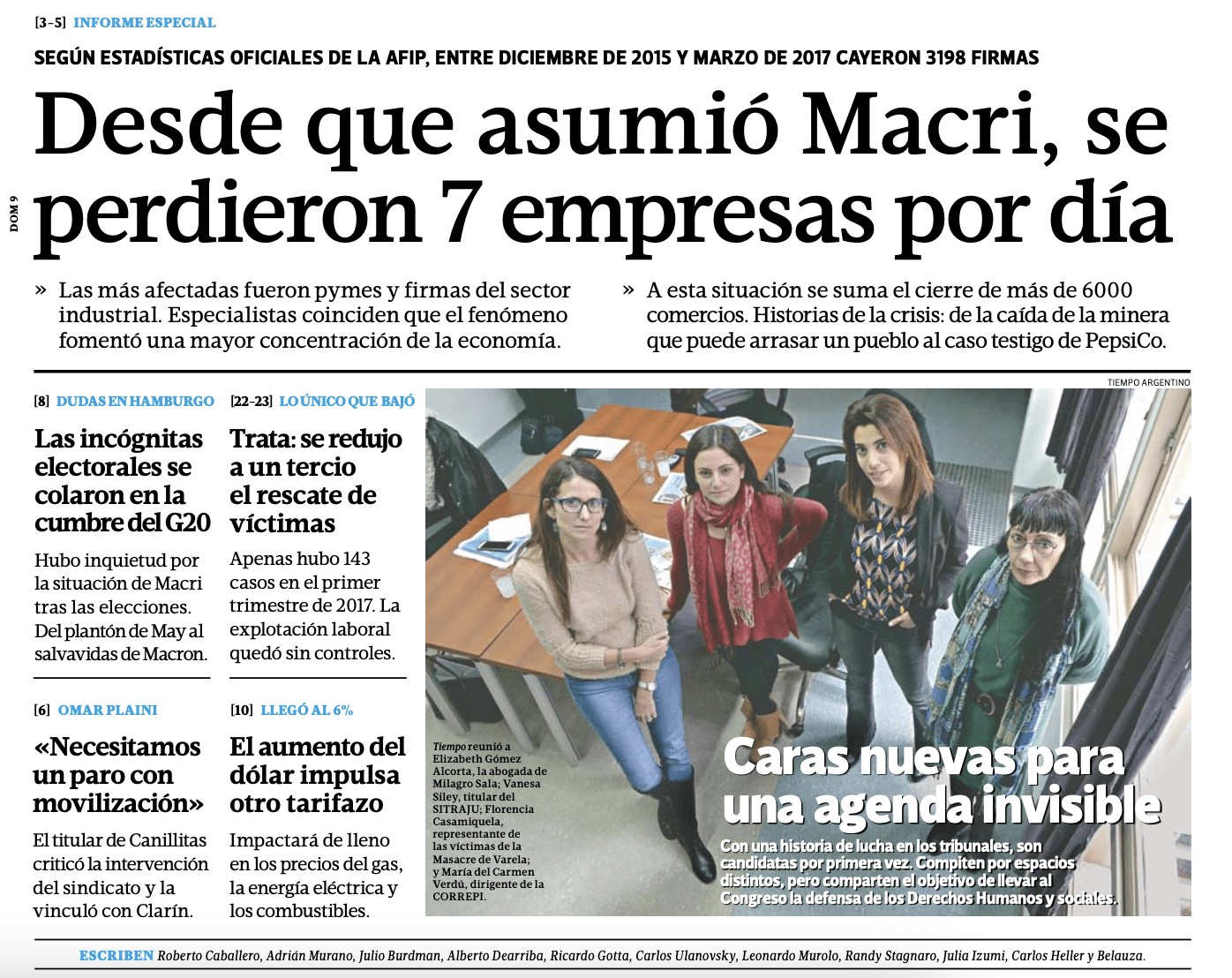 Tapa de Tiempo Argentino del 9 de julio de 2017 — informe sobre cierre de empresas bajo Macri