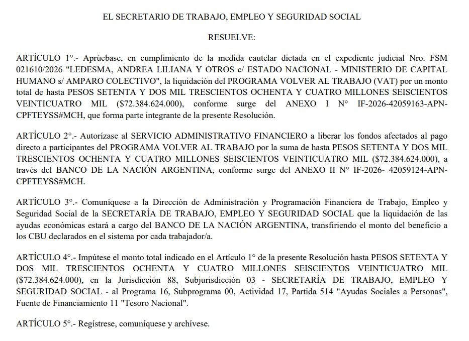 Marcha atrás de Pettovello: anunció que depositará los montos del programa Volver al Trabajo a casi un millón de beneficiarios