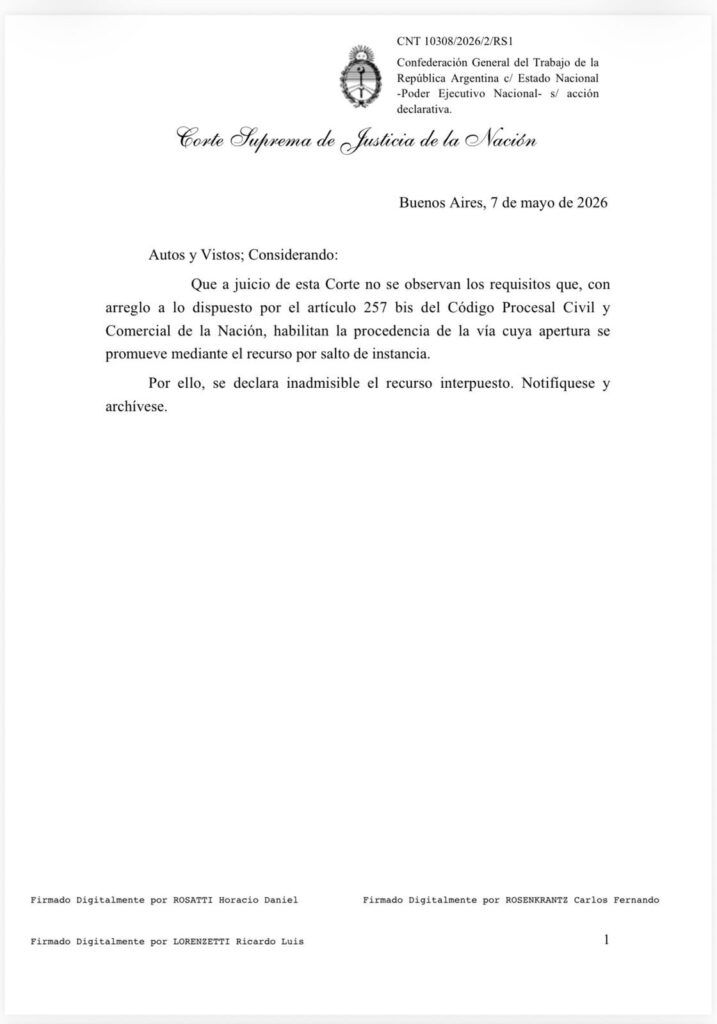 La Corte rechazó el per saltum del gobierno contra la suspensión de la reforma laboral