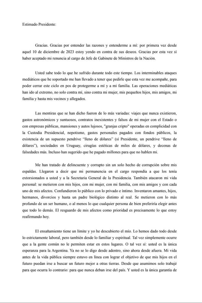 El descargo del vocero caído: Adorni renunció con una carta plagada de quejas contra el periodismo y la Justicia
